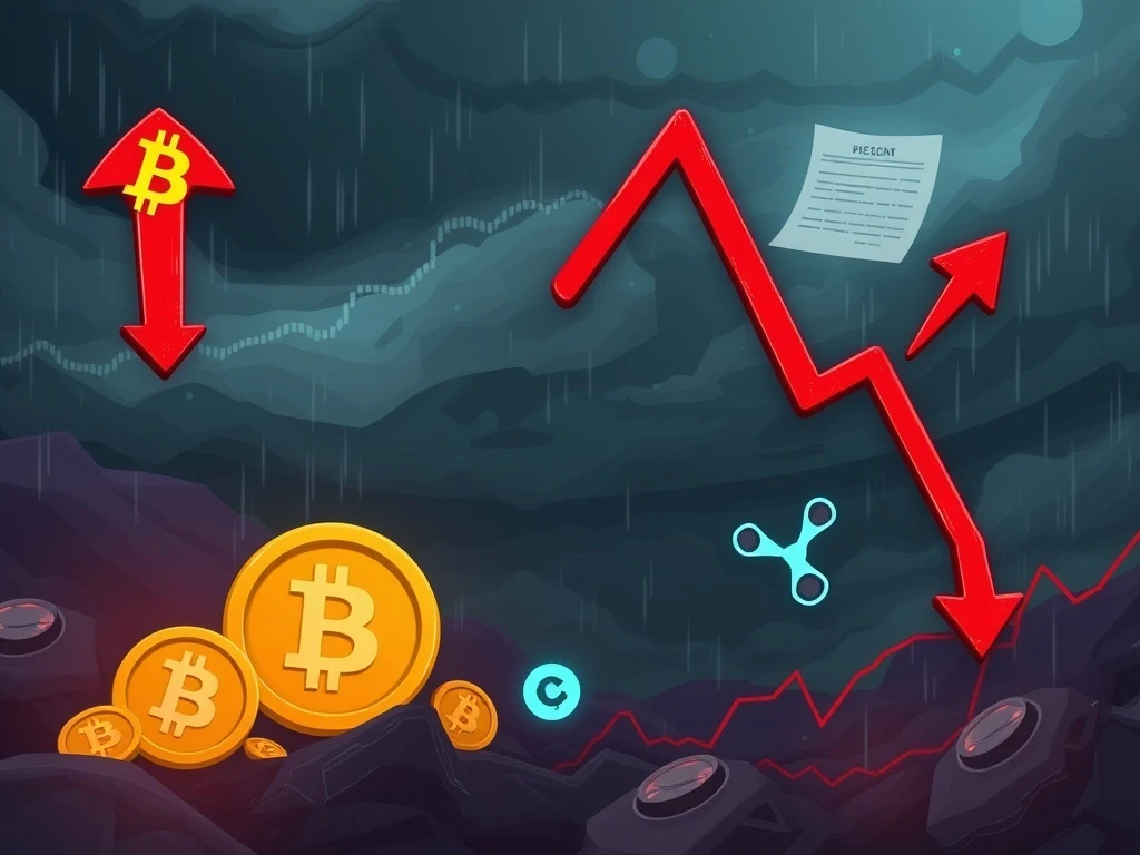 A visual representation of the crypto market experiencing a significant Bitcoin News Today plunge, with altcoins also falling.