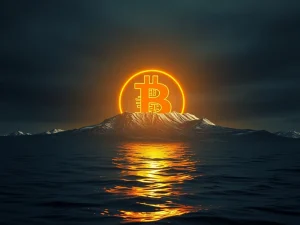 A digital ocean with a large Bitcoin symbol, representing the market's remarkable resilience in absorbing a massive BTC sale.