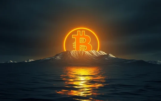 A digital ocean with a large Bitcoin symbol, representing the market's remarkable resilience in absorbing a massive BTC sale.