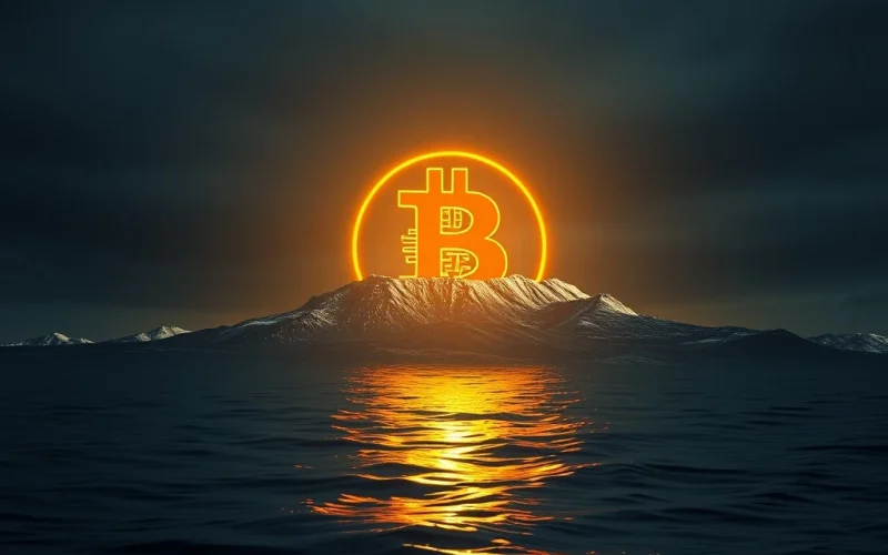 A digital ocean with a large Bitcoin symbol, representing the market's remarkable resilience in absorbing a massive BTC sale.
