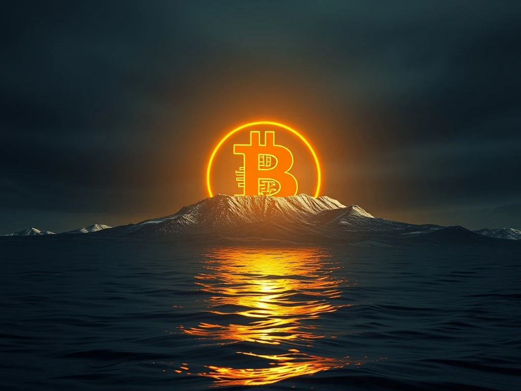 A digital ocean with a large Bitcoin symbol, representing the market's remarkable resilience in absorbing a massive BTC sale.