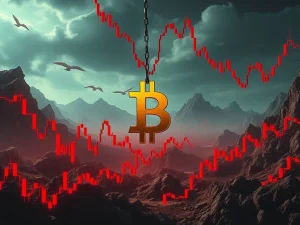 A red downward arrow piercing a Bitcoin symbol, illustrating the significant Bitcoin price drop and crypto liquidations.