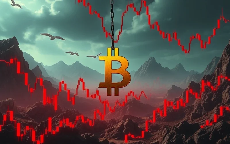 A red downward arrow piercing a Bitcoin symbol, illustrating the significant Bitcoin price drop and crypto liquidations.