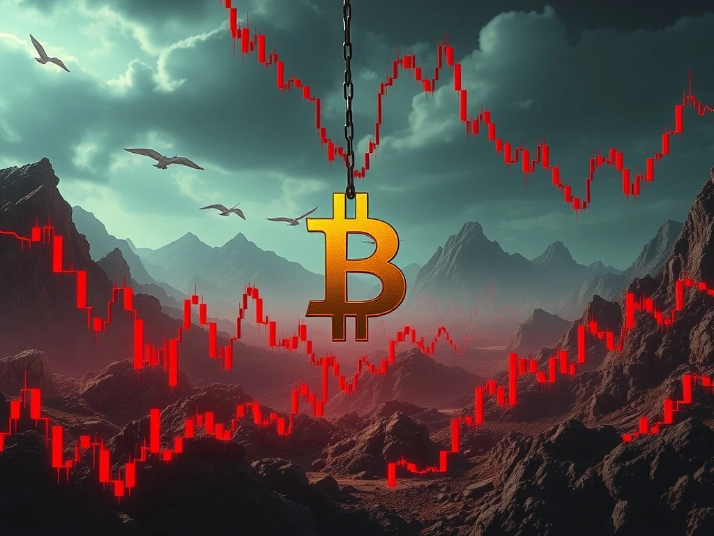 A red downward arrow piercing a Bitcoin symbol, illustrating the significant Bitcoin price drop and crypto liquidations.