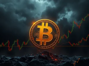 Bitcoin symbol amid financial market volatility and uncertainty