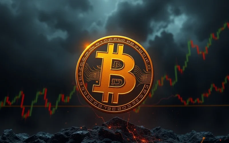 Bitcoin symbol amid financial market volatility and uncertainty
