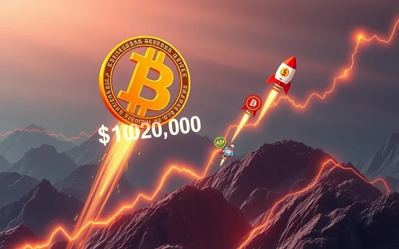 A visual representation of the current crypto market rally, with Bitcoin's price soaring and a significant meme coin surge following suit.