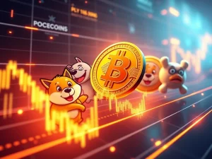 Bitcoin and memecoins DOGE, PEPE, BONK on a financial chart with key technical levels highlighted