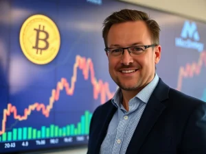 Michael Saylor confidently signaling a new Bitcoin purchase, symbolizing MicroStrategy's successful crypto investment strategy and substantial gains.