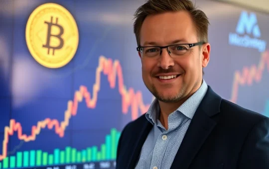 Michael Saylor confidently signaling a new Bitcoin purchase, symbolizing MicroStrategy's successful crypto investment strategy and substantial gains.