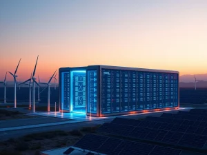 Illustration of a data center with renewable energy sources, symbolizing Bitzero's sustainable Bitcoin mining and HPC expansion.