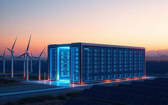 Illustration of a data center with renewable energy sources, symbolizing Bitzero's sustainable Bitcoin mining and HPC expansion.