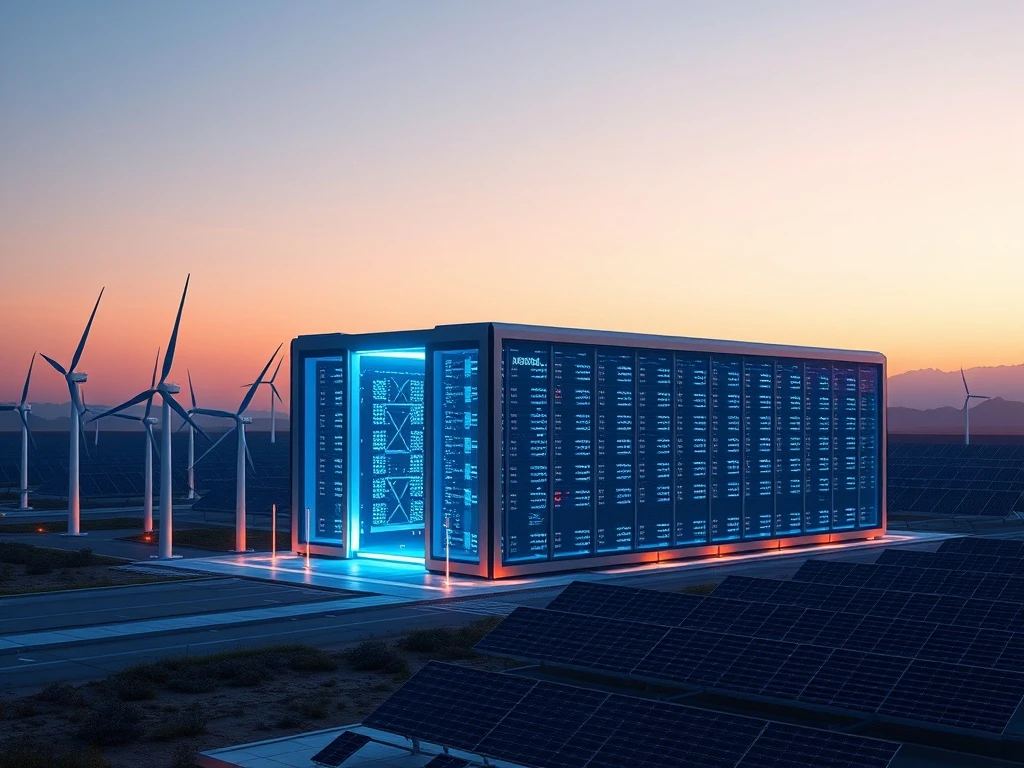 Illustration of a data center with renewable energy sources, symbolizing Bitzero's sustainable Bitcoin mining and HPC expansion.