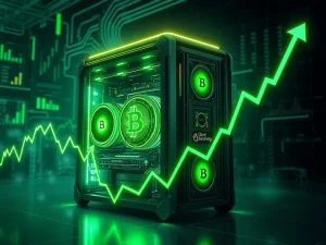Bitcoin mining rig with glowing lights showing upward trend in cryptocurrency market