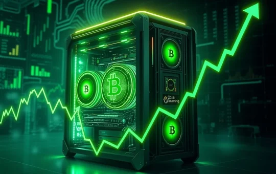 Bitcoin mining rig with glowing lights showing upward trend in cryptocurrency market
