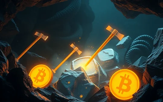A digital representation of increased Bitcoin mining difficulty and hashrate, illustrating the robust network security.