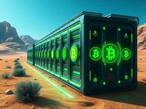 Bitcoin mining facility with high-tech servers and glowing cryptocurrency symbols