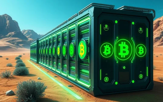 Bitcoin mining facility with high-tech servers and glowing cryptocurrency symbols