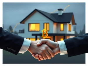 A house with a Bitcoin symbol, representing the potential for a Bitcoin mortgage and the integration of crypto into real estate finance.