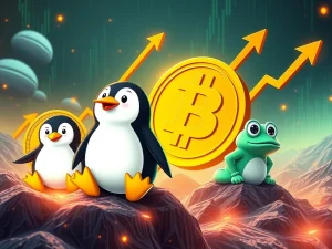 Dynamic charts showing altcoin outperformance, with SPX6900, Pudgy Penguins, and Pepe symbols surging past Bitcoin's symbol.