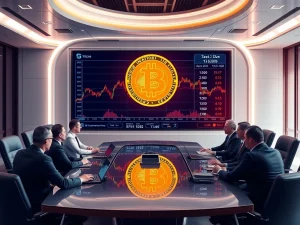 Corporate executives discussing Bitcoin investment strategy in a modern boardroom
