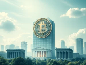 Bitcoin symbol overshadowing traditional banks in a digital financial landscape