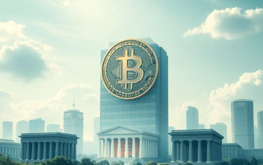 Bitcoin symbol overshadowing traditional banks in a digital financial landscape
