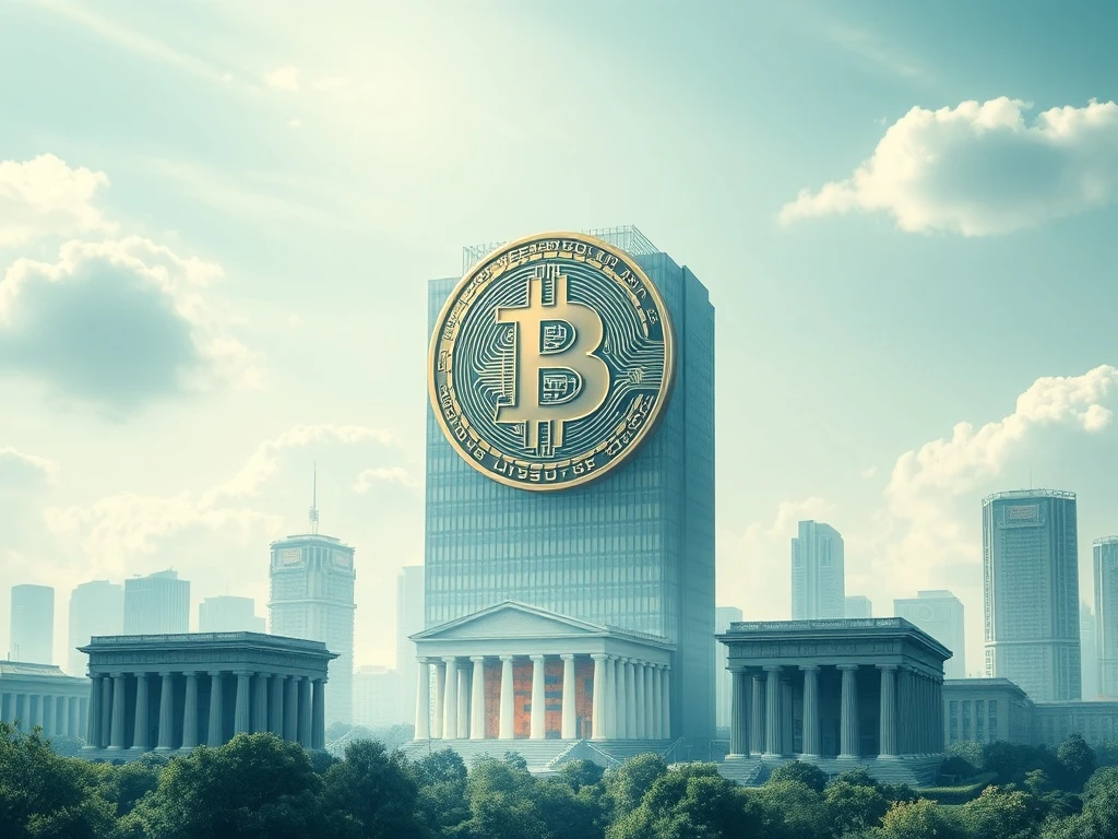 Bitcoin symbol overshadowing traditional banks in a digital financial landscape