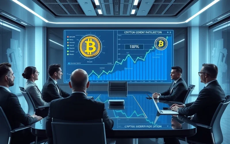 Corporate executives discussing Bitcoin and crypto adoption in a futuristic boardroom