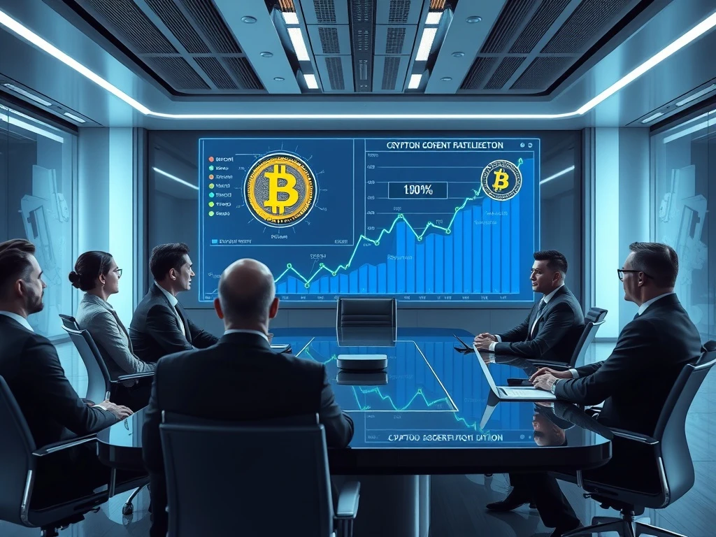 Corporate executives discussing Bitcoin and crypto adoption in a futuristic boardroom