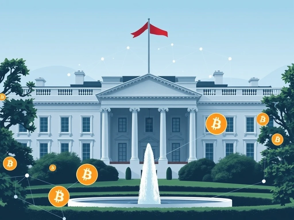 A visual representation of the White House and Bitcoin symbols, illustrating the upcoming Bitcoin News about the crucial digital assets report.