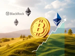 Visualizing significant institutional investment in the crypto space, highlighting BlackRock's Ethereum ETF success and MicroStrategy's aggressive Bitcoin acquisition strategy, central to Bitcoin News Today.