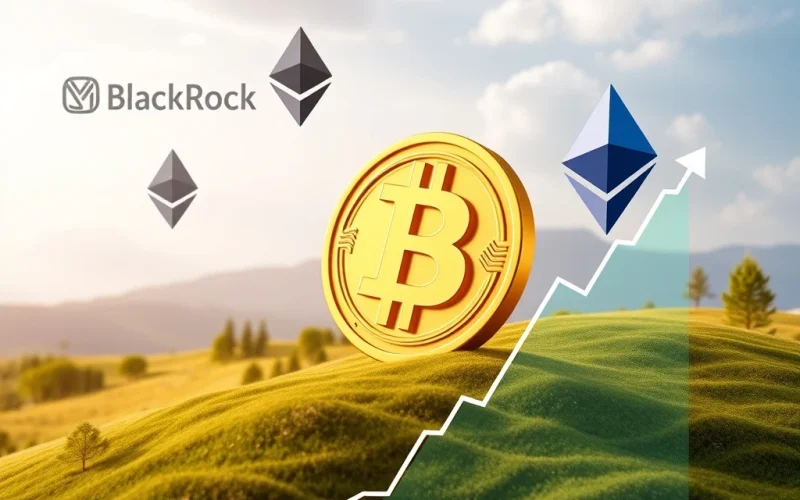 Visualizing significant institutional investment in the crypto space, highlighting BlackRock's Ethereum ETF success and MicroStrategy's aggressive Bitcoin acquisition strategy, central to Bitcoin News Today.