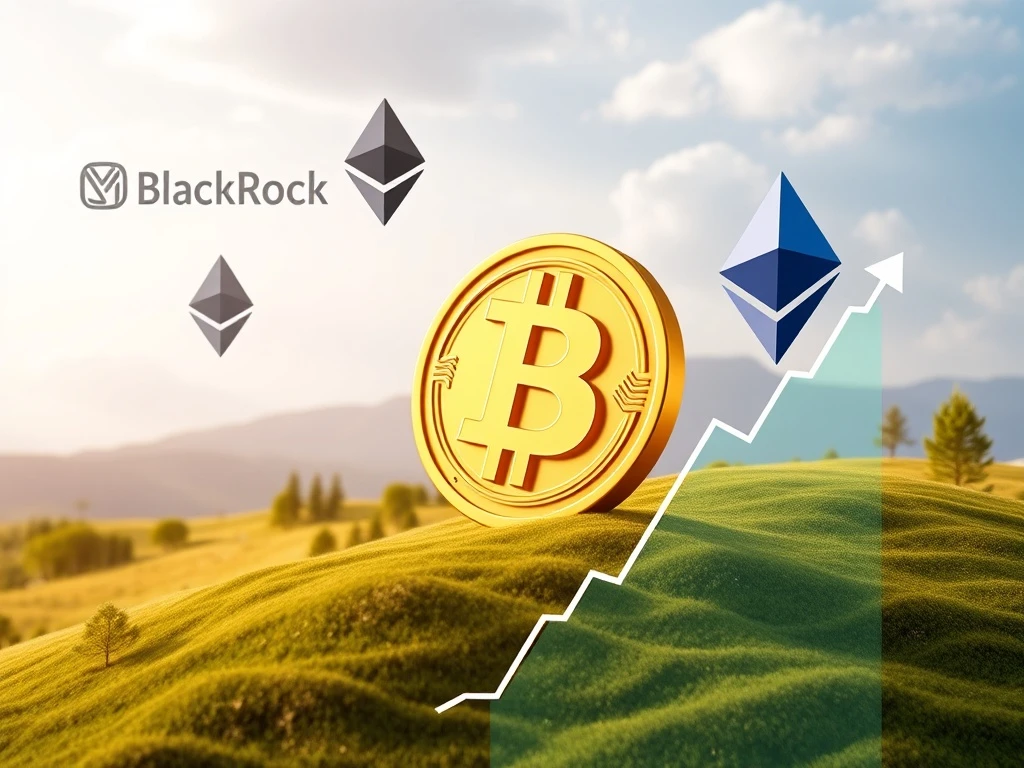 Visualizing significant institutional investment in the crypto space, highlighting BlackRock's Ethereum ETF success and MicroStrategy's aggressive Bitcoin acquisition strategy, central to Bitcoin News Today.