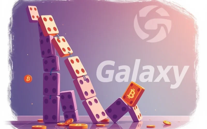 A chart showing a significant dip in BTC price, illustrating the impact of Galaxy Digital's large Bitcoin sale and subsequent crypto liquidations.