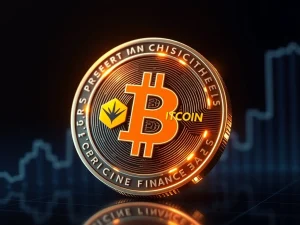 Bitcoin and MAGACOIN FINANCE logos with rising market graphs predicting massive returns