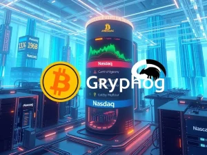 Bitcoin mining and Nasdaq listing merger announcement with high-tech digital backdrop