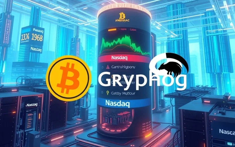 Bitcoin mining and Nasdaq listing merger announcement with high-tech digital backdrop