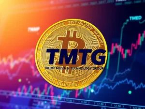 Trump Media & Technology Group's monumental $2 billion Bitcoin investment, showing TMTG stock surging on market charts, symbolizing a significant corporate Bitcoin adoption.