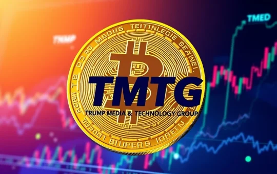 Trump Media & Technology Group's monumental $2 billion Bitcoin investment, showing TMTG stock surging on market charts, symbolizing a significant corporate Bitcoin adoption.