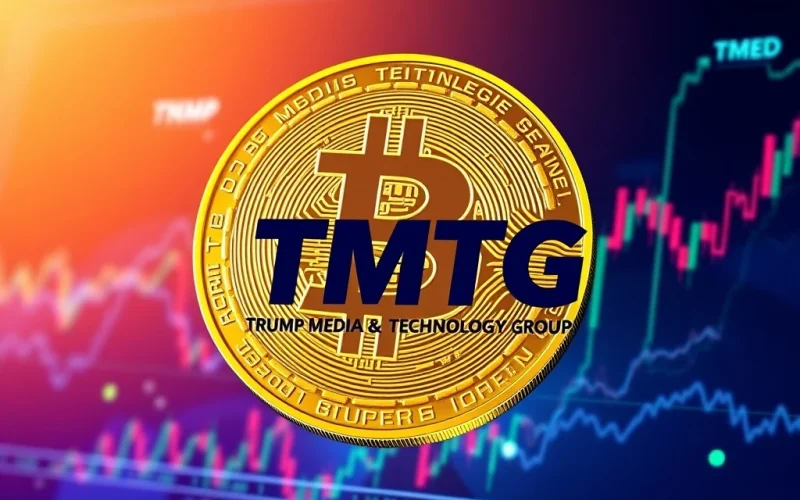 Trump Media & Technology Group's monumental $2 billion Bitcoin investment, showing TMTG stock surging on market charts, symbolizing a significant corporate Bitcoin adoption.
