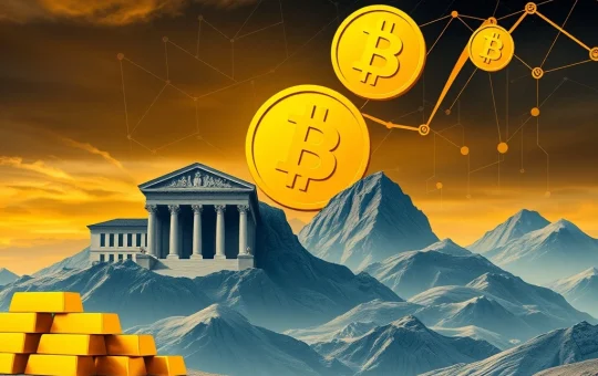 Central bank vaults overflowing with gold and digital representations of Bitcoin, symbolizing the ongoing diversification of Central Bank Reserves.