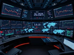 Screens displaying real-time Bitcoin news and crypto market data from the new Bitcoin World service, launching July 26, 2025.