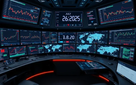 Screens displaying real-time Bitcoin news and crypto market data from the new Bitcoin World service, launching July 26, 2025.