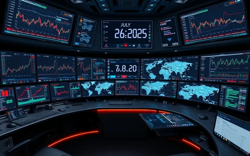 Screens displaying real-time Bitcoin news and crypto market data from the new Bitcoin World service, launching July 26, 2025.