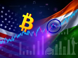 Bitcoin price chart reacting to U.S.-India trade tensions near $118K support.
