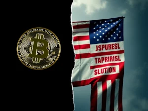 Bitcoin and U.S. flag representing market uncertainty from Trump's tariff