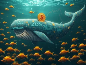 A visual representation of current Bitcoin market dynamics, showing large crypto whales accumulating BTC while retail investors sell off within a defined price range.
