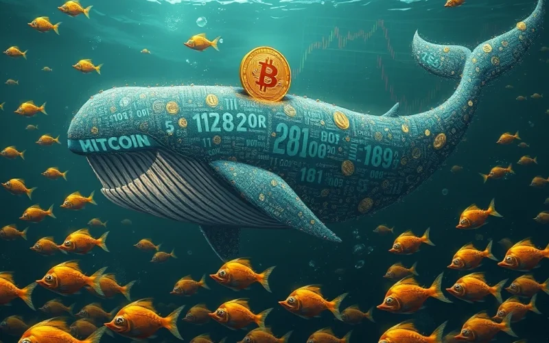 A visual representation of current Bitcoin market dynamics, showing large crypto whales accumulating BTC while retail investors sell off within a defined price range.