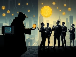 A symbolic representation of **Bitcoin OGs** passing their digital assets to institutional investors, illustrating the shift in Bitcoin ownership.